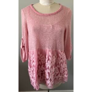 Belle France Wool, Silk Mohair Blend Scoop Neck Knot Sweater Size Large Sequins